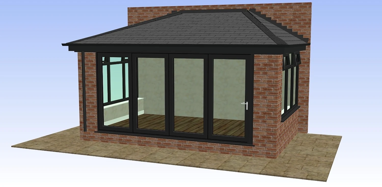 Brick extension CAD with dark frames, wide glazed doors and tiled gull-wing hipped roof