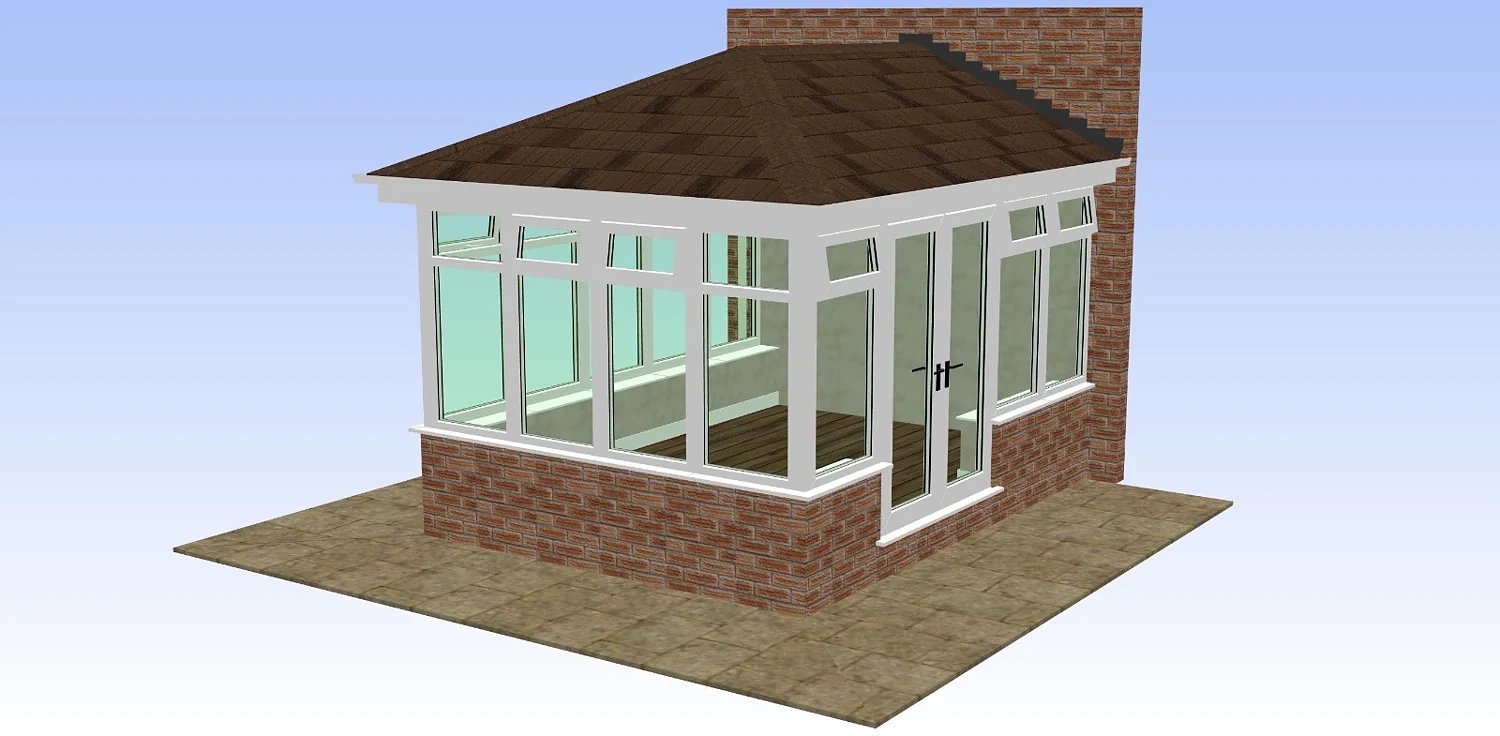 Edwardian conservatory CAD with white frames, warm brown hipped tiled roof and brick dwarf wall