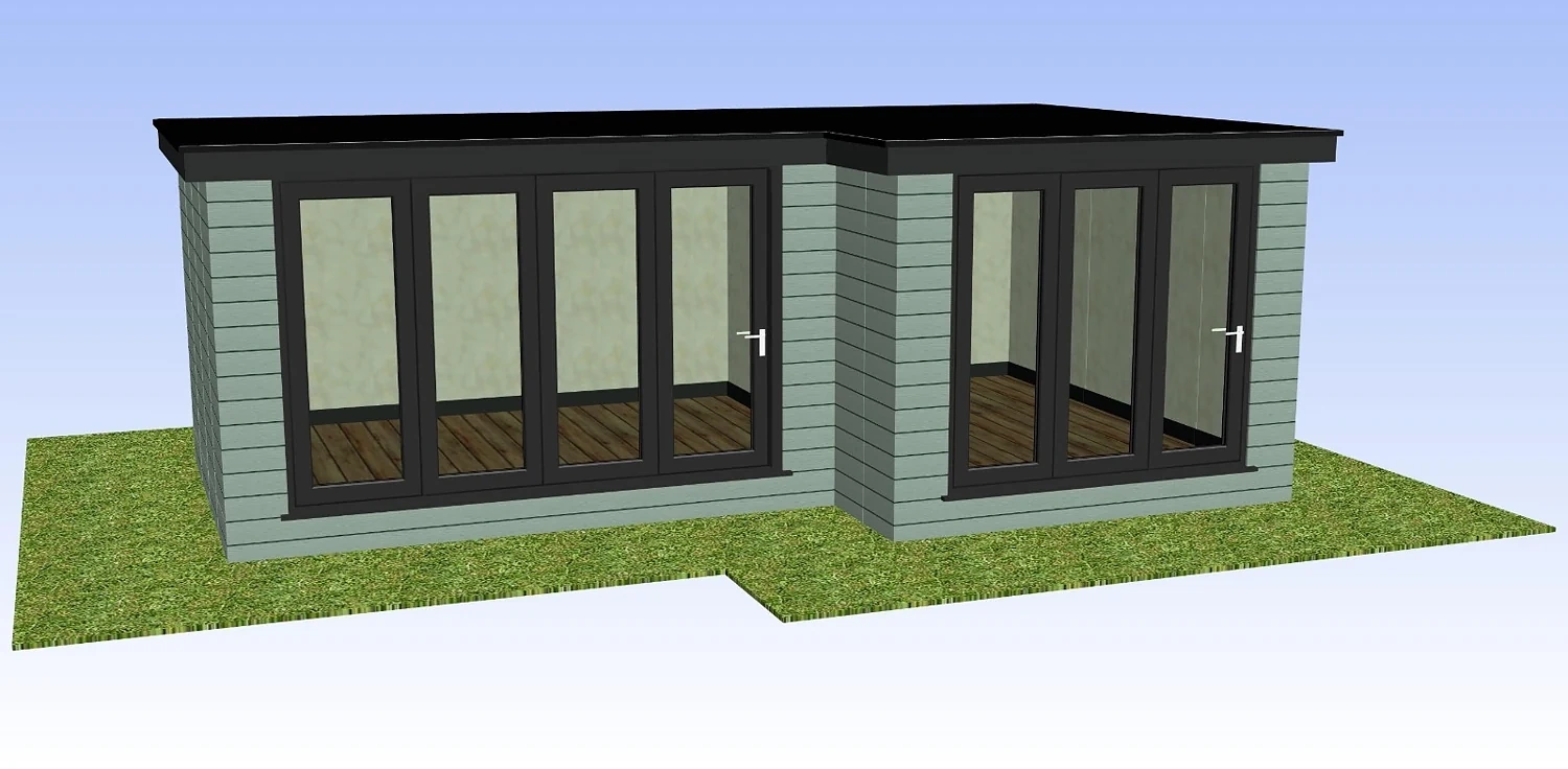 Garden building CAD with muted green horizontal cladding, dark frames and flat roof