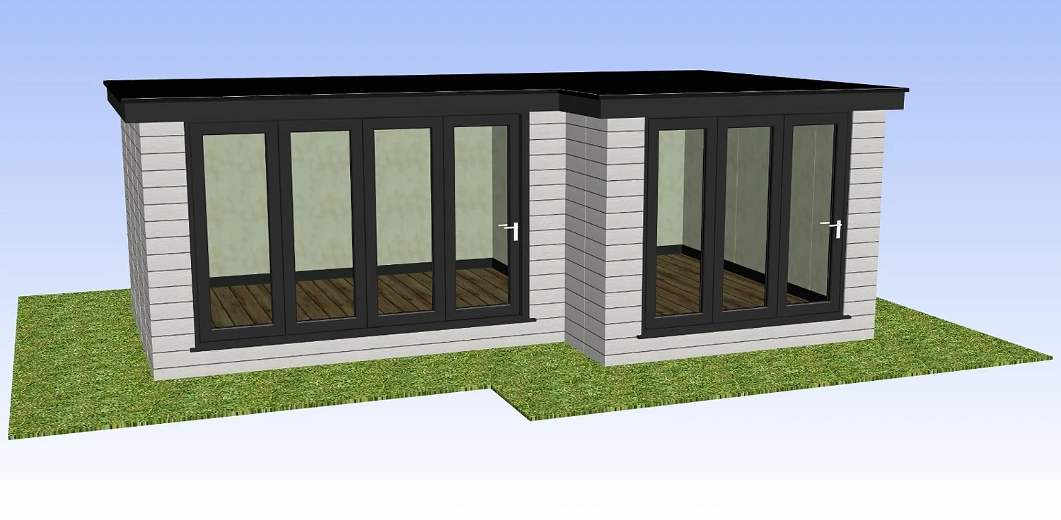 Garden building CAD with horizontal light white cladding, dark frames and flat roof