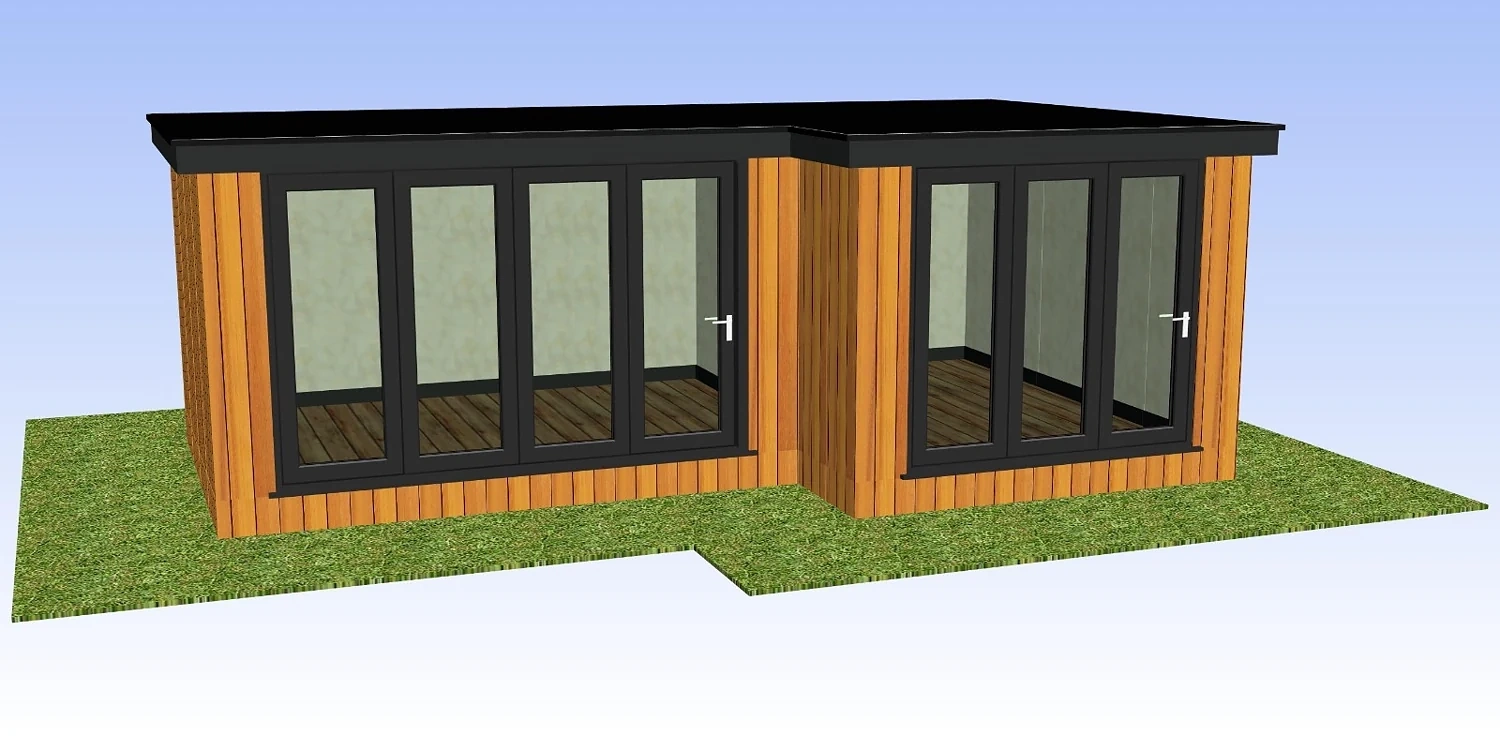 Garden building CAD with natural horizontal wood-effect cladding, dark frames and flat roof