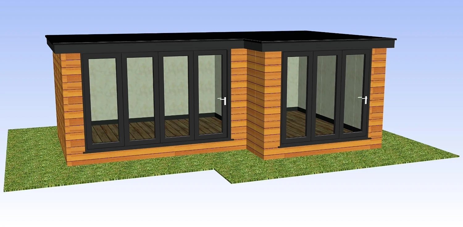 Garden building CAD with vertical timber-effect cladding, dark frames and flat roof
