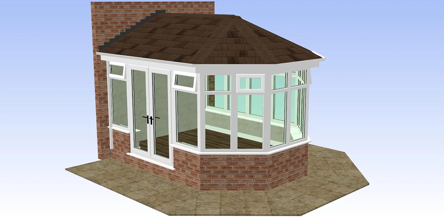 Victorian conservatory CAD with white frames, faceted front and warm brown tiled roof